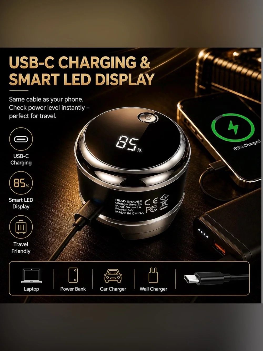Head Shaver for Bald Men 2 Magnetic Detachable Heads Wet Dry Rotary LED Display